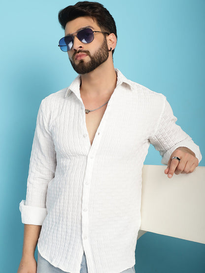 Indian Needle Men's Woven Design Casual Shirt - White