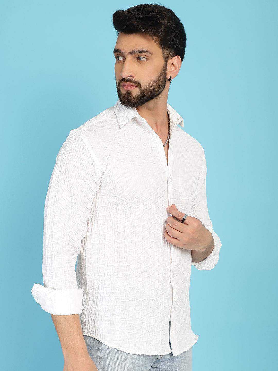 Indian Needle Men's Woven Design Casual Shirt - White