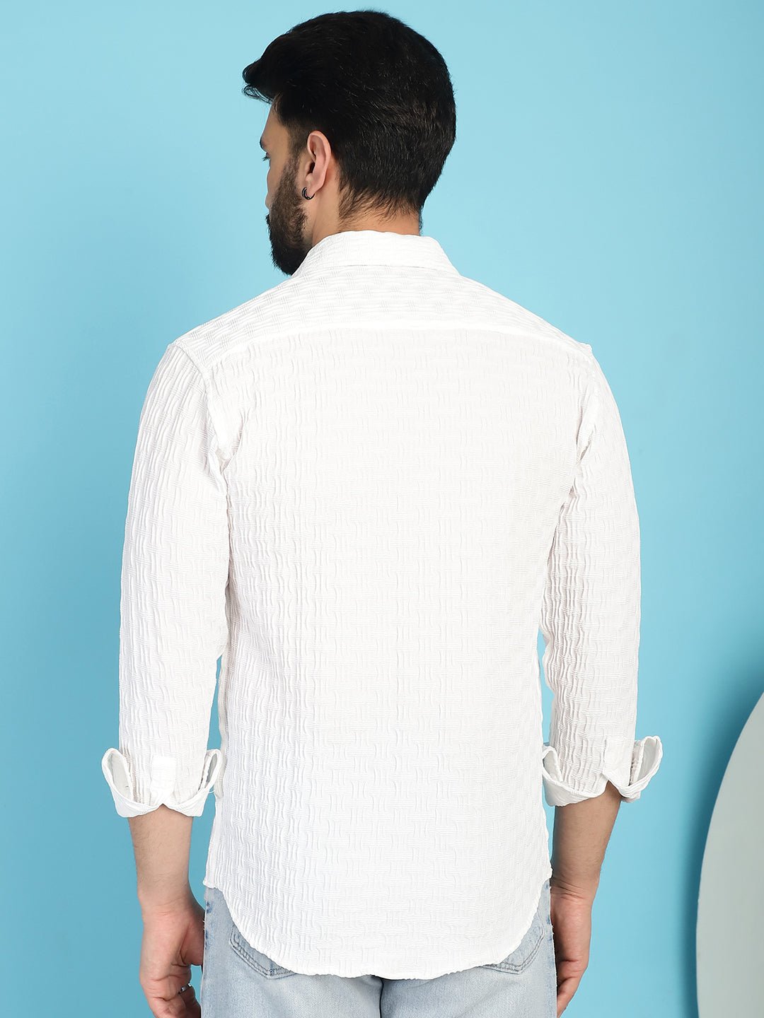 Indian Needle Men's Woven Design Casual Shirt - White