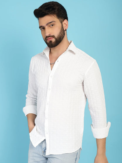 Indian Needle Men's Woven Design Casual Shirt - White