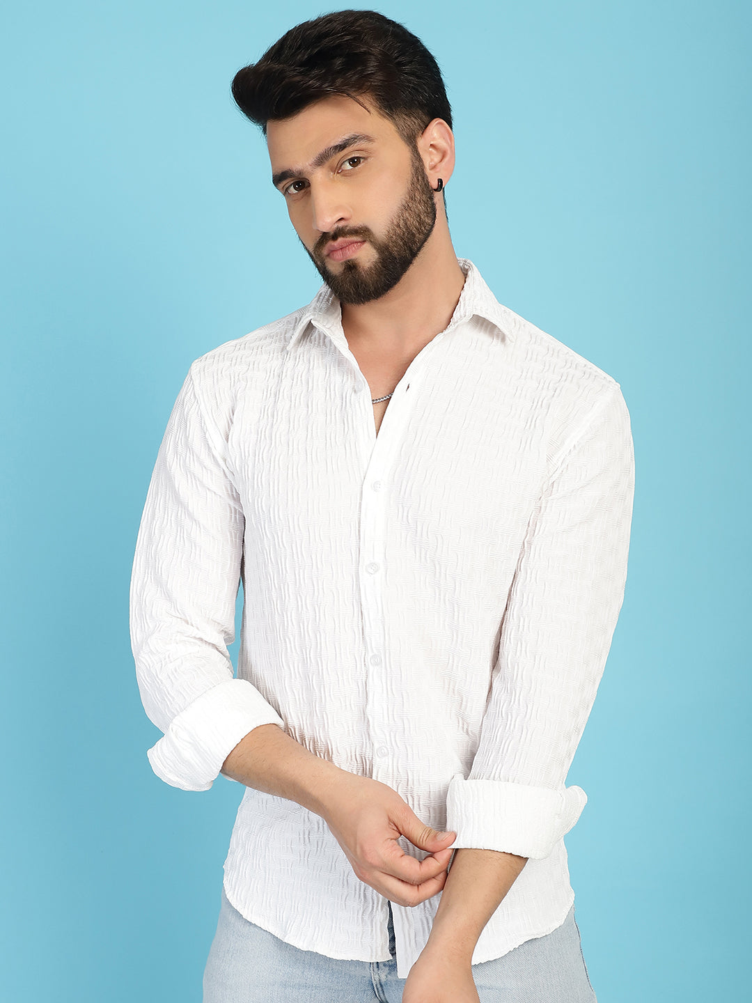Indian Needle Men's Woven Design Casual Shirt - White