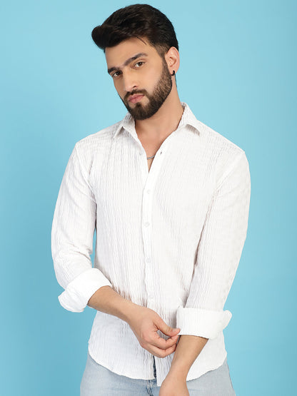 Indian Needle Men's Woven Design Casual Shirt - White