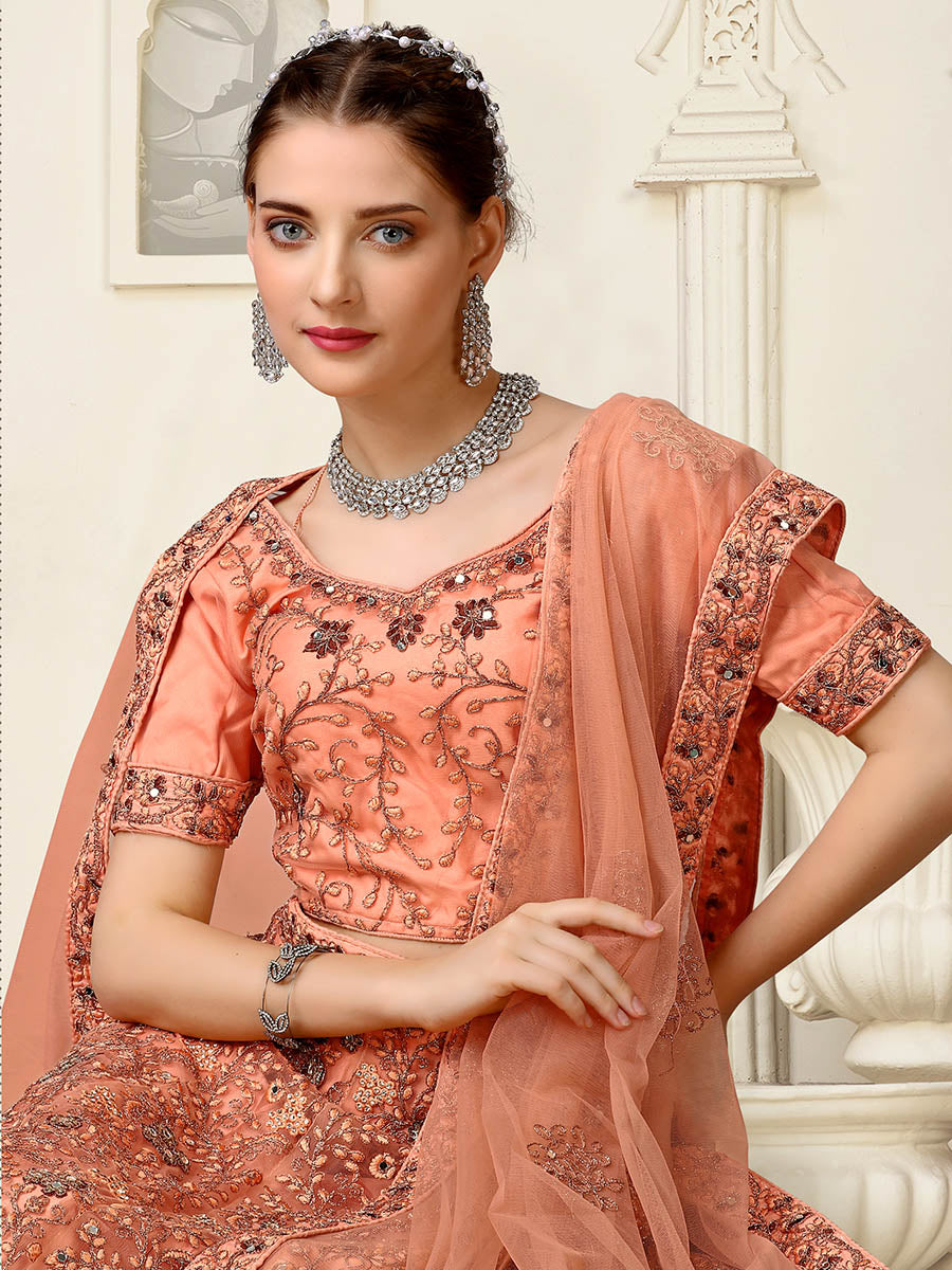 Myra Peach Net Heavy Embroidered Lehenga Choli