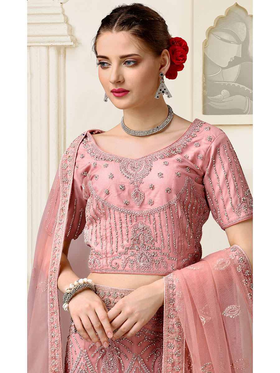 Myra Dusty Pink Net Heavy Embroidered Lehenga Choli