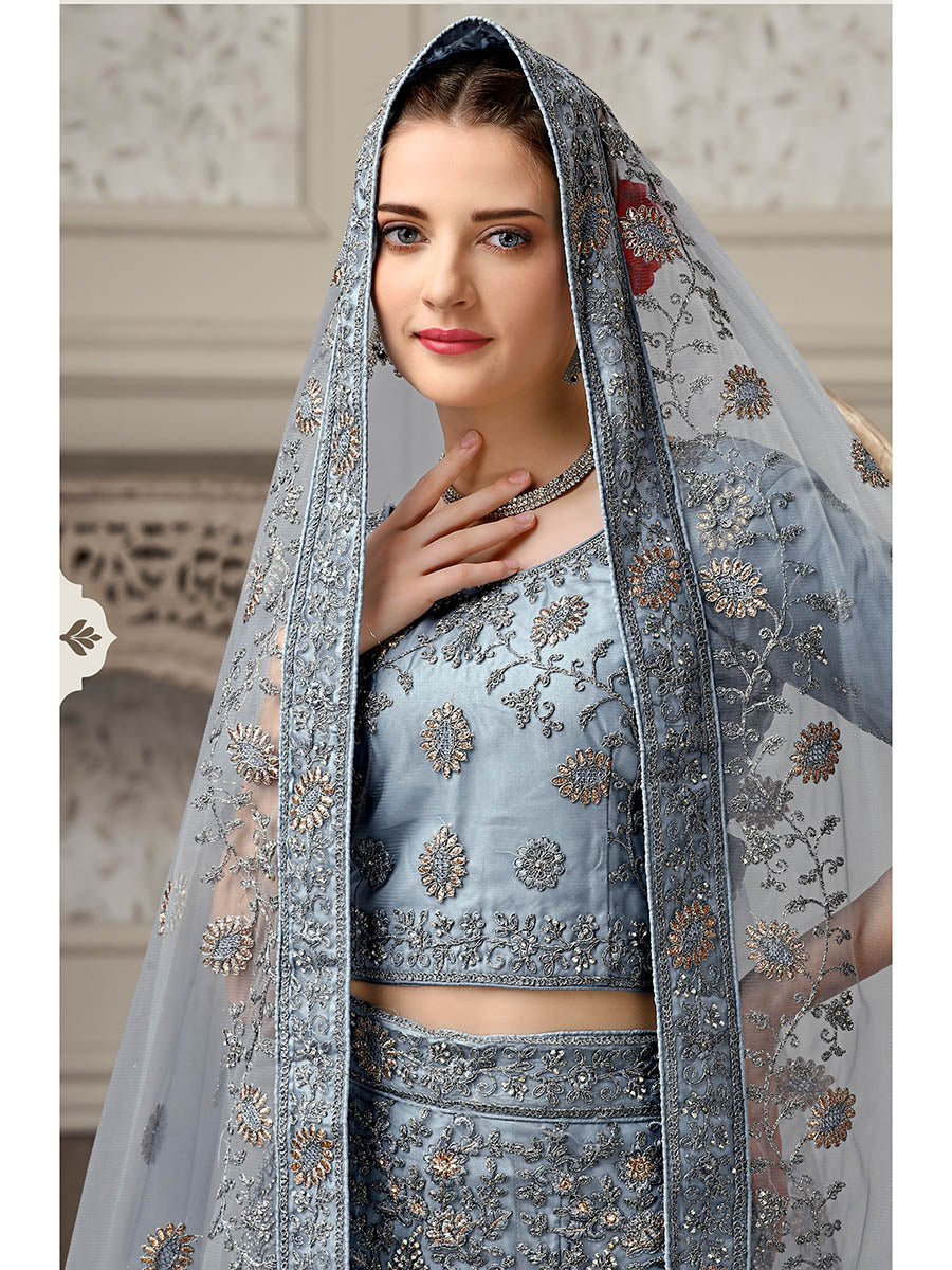 Myra Dusty Grey Net Heavy Embroidered Lehenga Choli