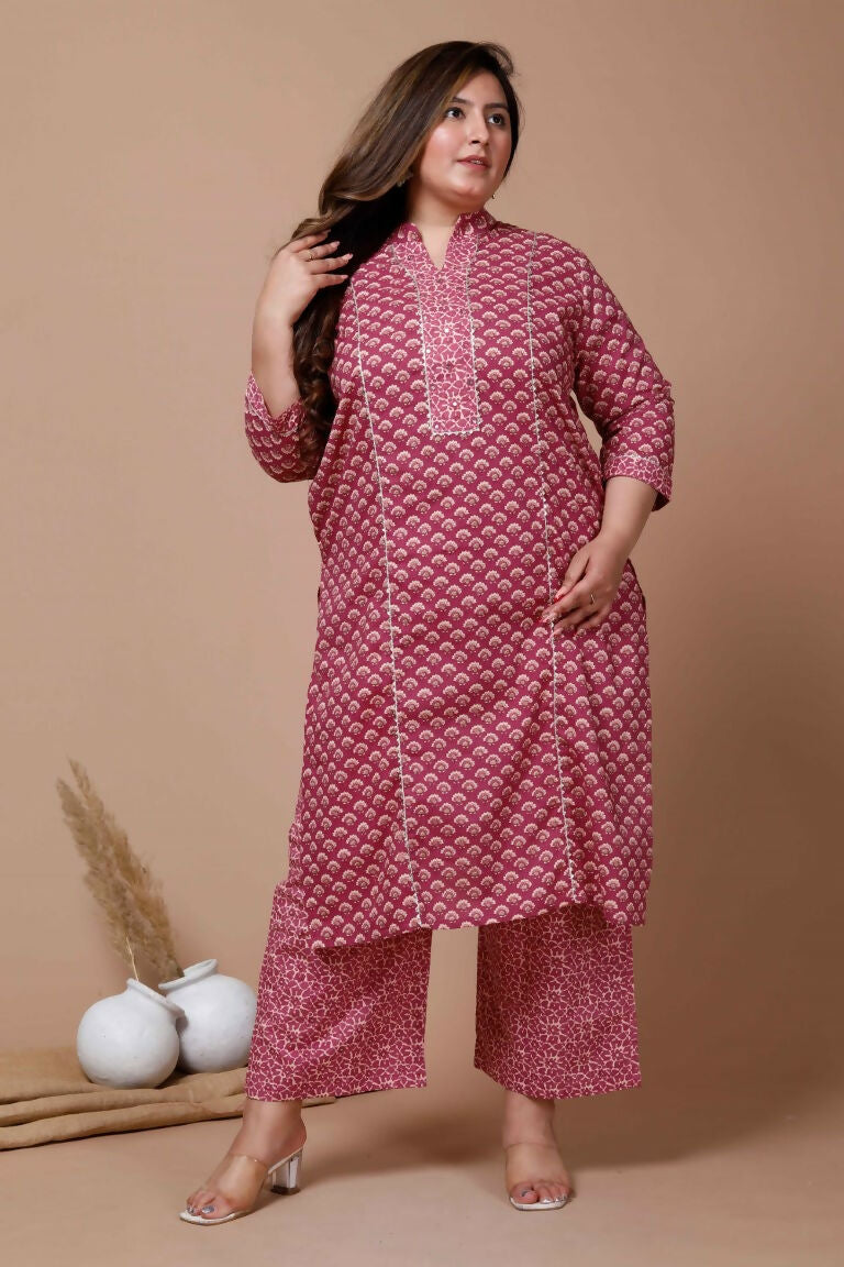 Miravan Women's Plus Size Pink Printed Gota Patti Cotton Kurta With Palazzo