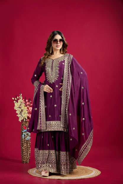 Teeya Creation Violet Color Chinnon Silk Heavy Embroidery Work Fully Stitched Sharara Suit
