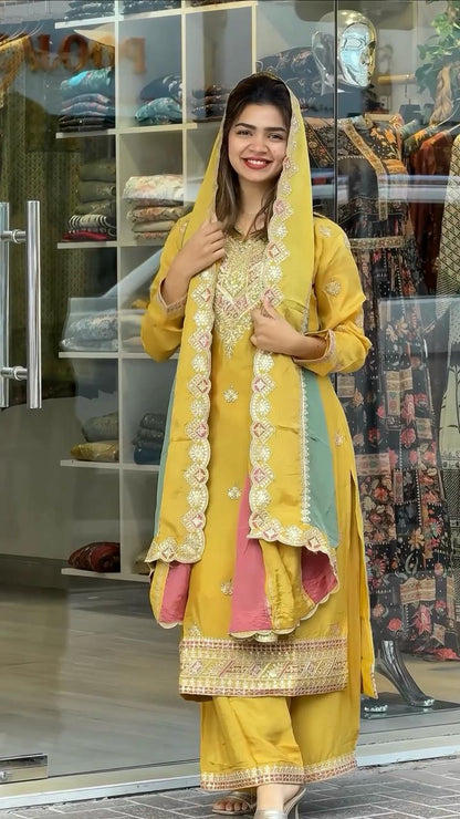 Teeya Creation Yellow Color Faux Georgette Heavy Work Fully Stitched Sharara Set