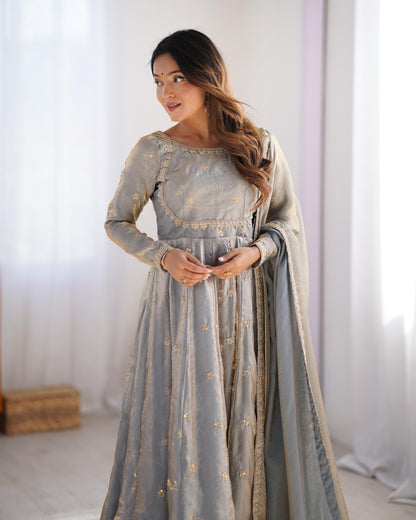 Teeya Creation Grey Color Fendy Silk Embroidery Work Fully Stitched Gown