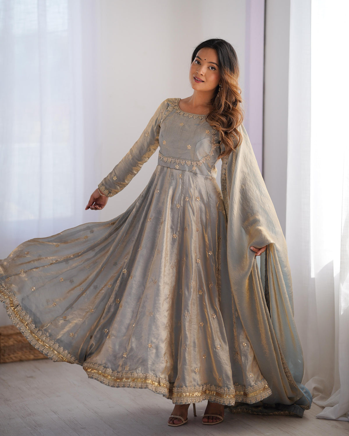 Teeya Creation Grey Color Fendy Silk Embroidery Work Fully Stitched Gown