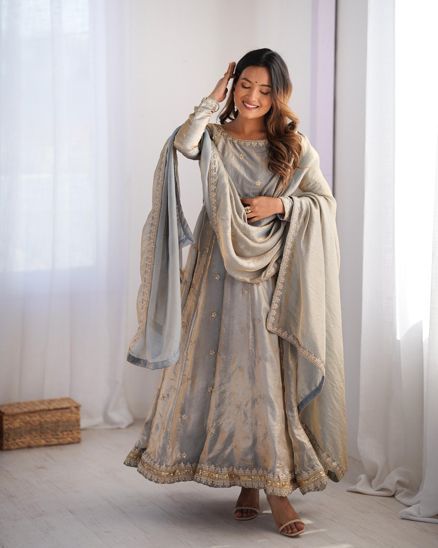 Teeya Creation Grey Color Fendy Silk Embroidery Work Fully Stitched Gown