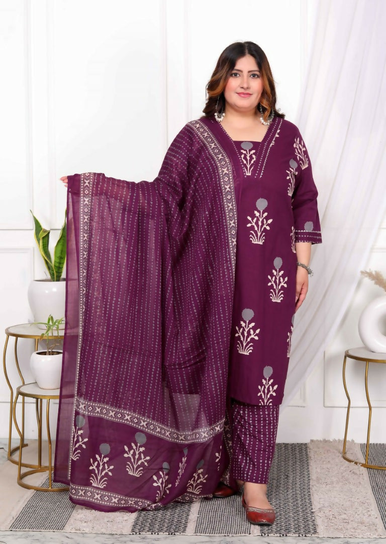 Miravan Women's Plus Size Cotton Fabric Purple Color Kurta With Palazzo And Dupatta