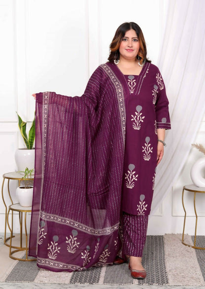 Miravan Women's Plus Size Cotton Fabric Purple Color Kurta With Palazzo And Dupatta