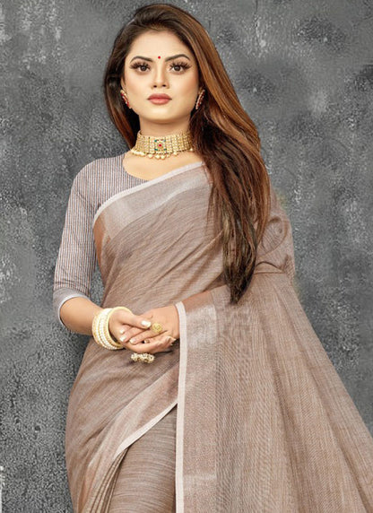 Shree Shyam Fashion Elegant Beige Woven Linen Saree with Contrast Zari Border & Tassels - Soft & Breathable Party Wear