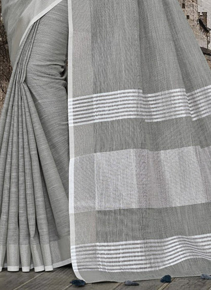 Shree Shyam Fashion Elegant Dark Grey Woven Linen Saree with Contrast Zari Border & Tassels - Soft & Breathable Party Wear