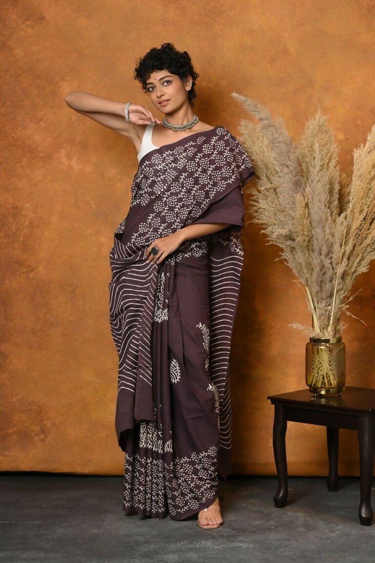Very Much Indian Handblock Printed Cotton Saree With Natural Dyes - Brown