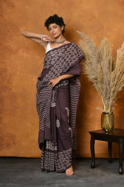 Very Much Indian Handblock Printed Cotton Saree With Natural Dyes - Brown