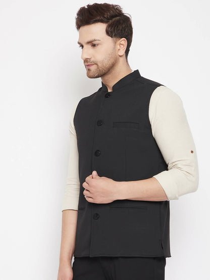 Even Apparels Black Merino Men Woven Nehru Jacket PW668