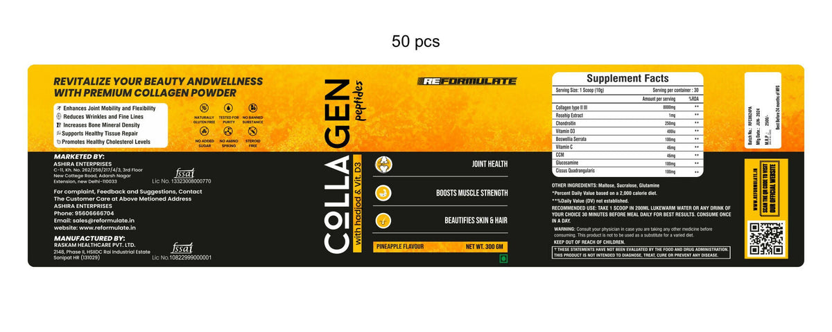Reformulate Colla Gen Powder Peptides With Hadjod & Vitamin D3 I Joint Health I Boosts Muscle Strength I Beautifies Skin & Hair I Pine Apple