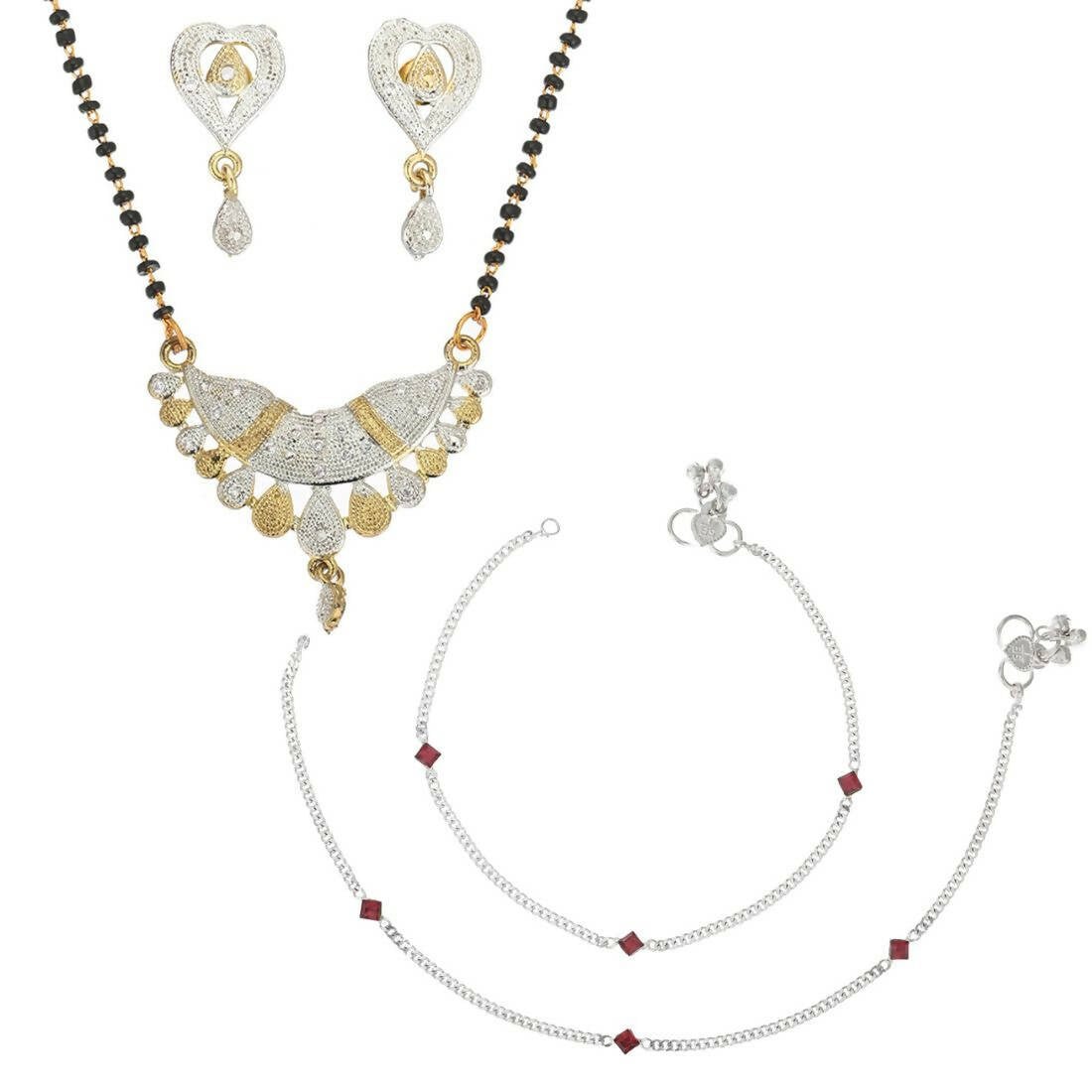 AanyaCentric Gold-Polished Mangalsutra Pendant Earring Set & Silver Plated Anklet