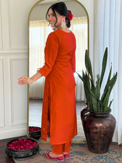 The52 Rust Women's Gorgeous Roman Silk Fabric Straight Kurta, Pant and Dupatta Set
