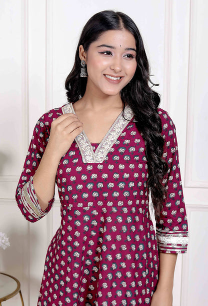 Miravan Women's Maroon embroidered Anarkali Kurta and Dupatta