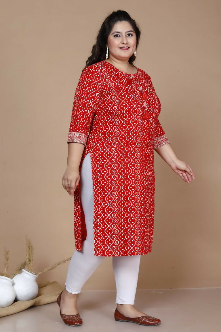 Miravan Women's Plus Size Festive Wear Red Bandhani Printed Straight Kurta