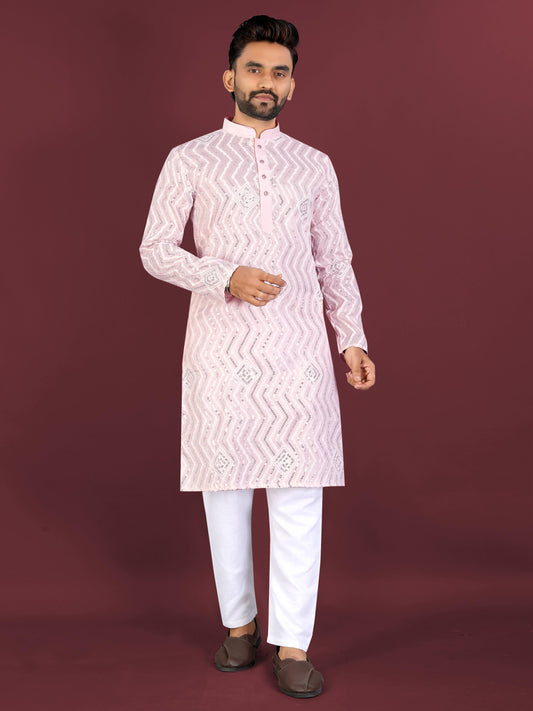 Neera Trendz Pink Soft Silk Embroidered Men's Kurta Pyjama