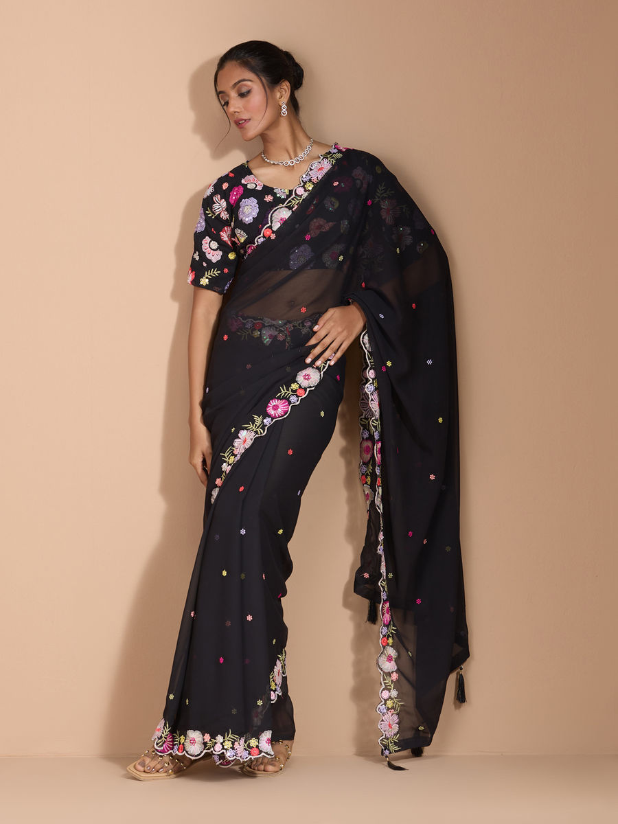 Vamika Embroidery Black Georgette Bollywood Saree