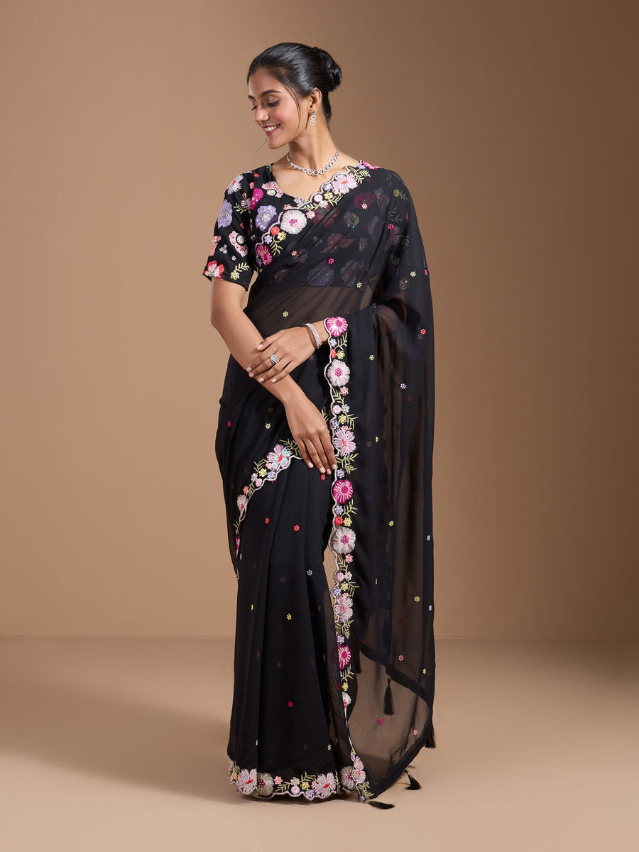 Vamika Embroidery Black Georgette Bollywood Saree