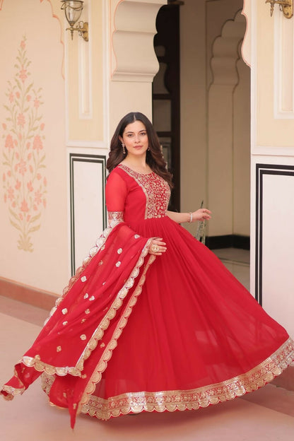 Teeya Creation Red Color Faux Georgette Embroidery Work Wedding Wear Long Gown