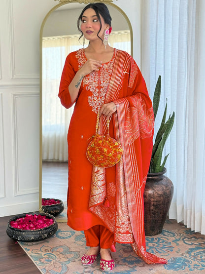 The52 Rust Women's Gorgeous Roman Silk Fabric Straight Kurta, Pant and Dupatta Set