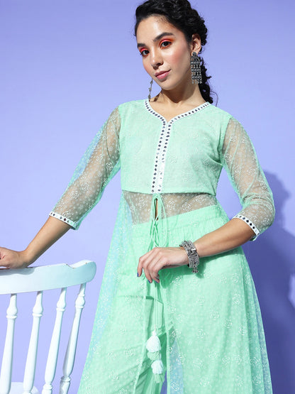 Yufta Sea Green Printed Top with Trousers