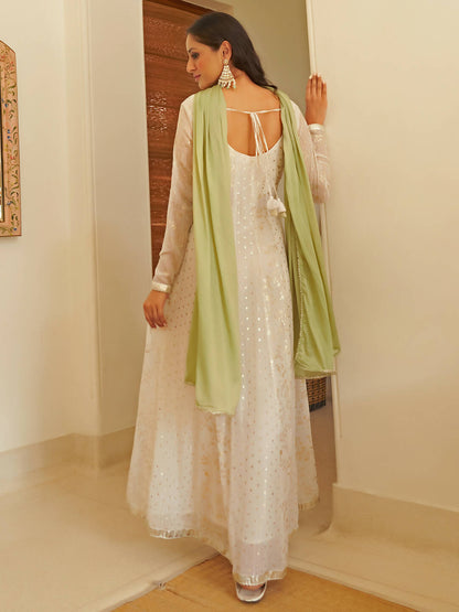 Janasya Women's White Chiffon Lurex Foil Printed Festive Anarkali Kurta Set