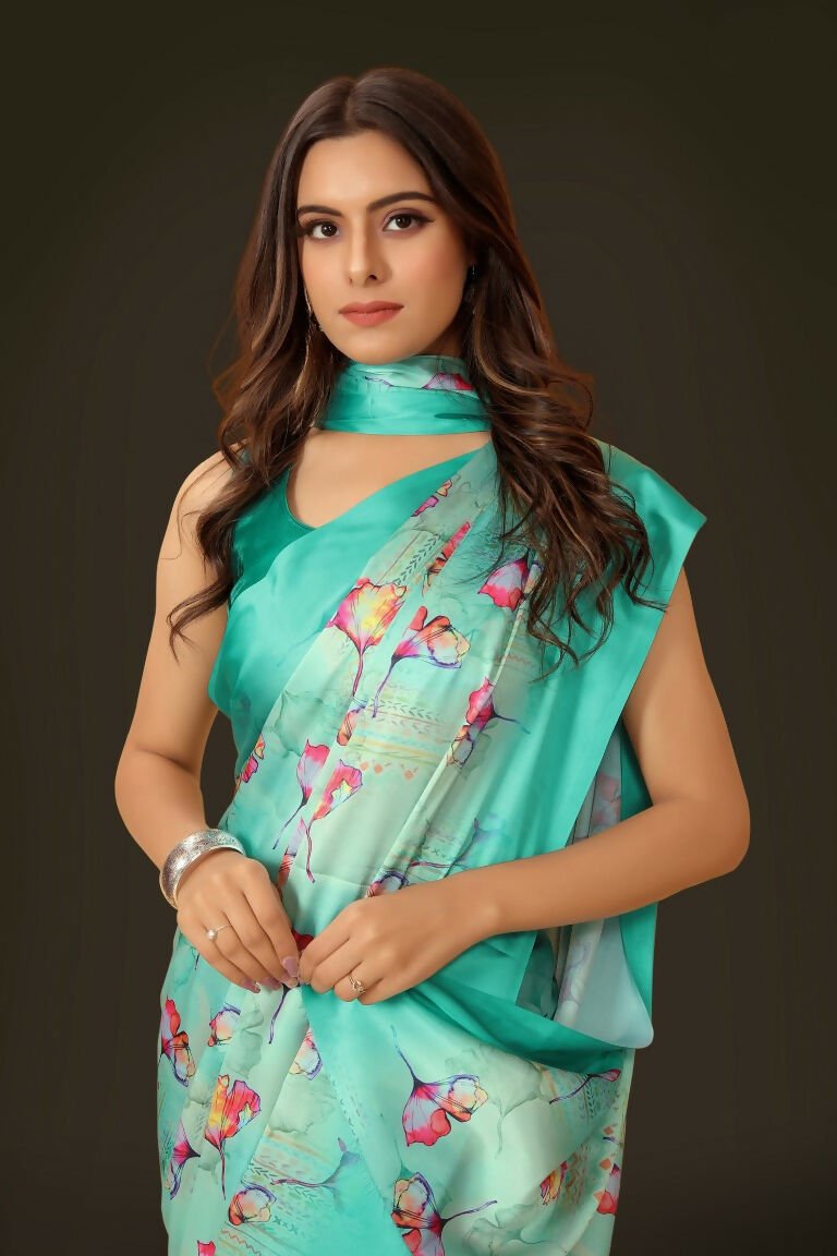 Aayaa Designer Printed Satin Saree - Multi Color