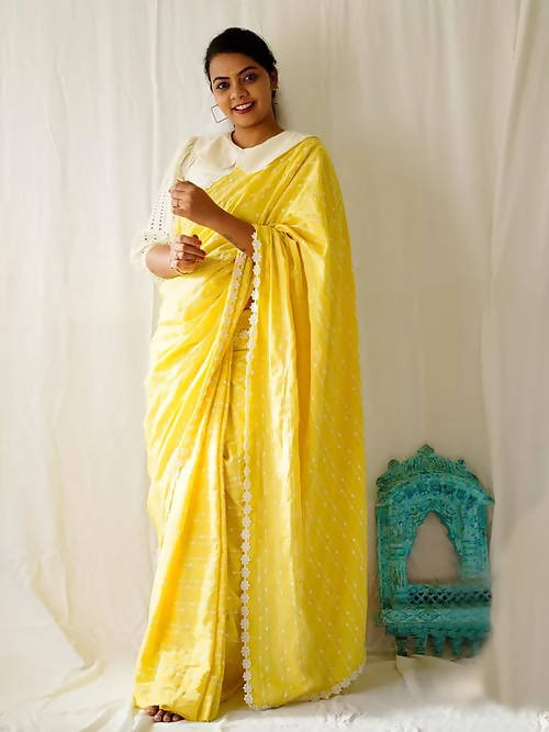 Diva Globe Customised Yellow Linen Saree With Flowers
