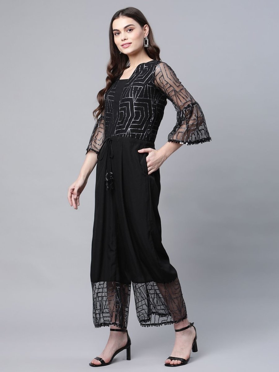 Ahalyaa Womens Crepe & Net Black Printed Jumpsuit