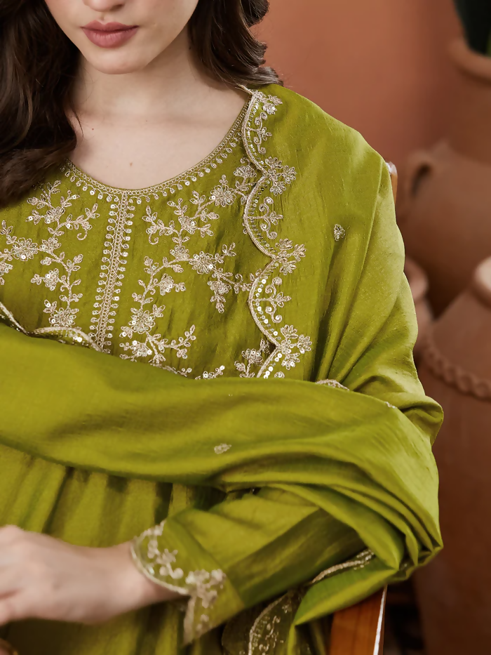The52 Light Green Women's Beautiful Vichitra Silk Fabric Embroidered Work Flared Anarkali Pant and Dupatta Set