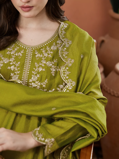The52 Light Green Women's Beautiful Vichitra Silk Fabric Embroidered Work Flared Anarkali Pant and Dupatta Set