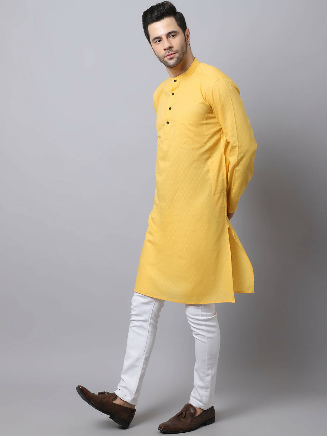 Even Apparels Yellow Pure Cotton Men's Kurta With Band Collar (SLD1183)
