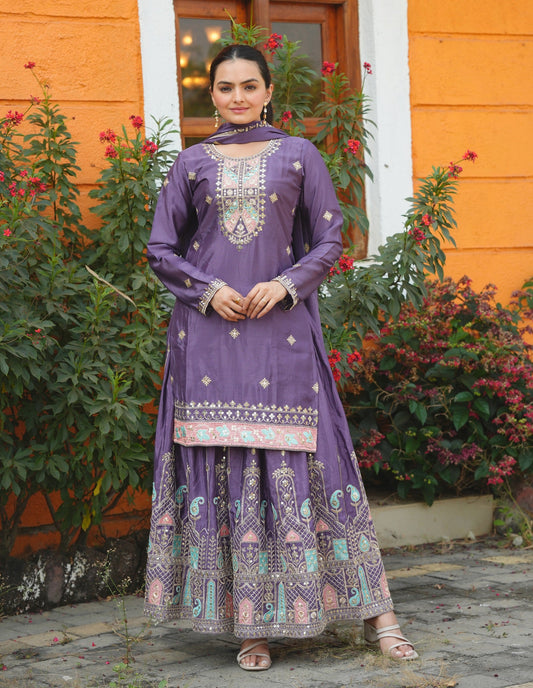 Lehenga Mart Designer Chinon Sharara Suit With Sequence Embroidered Work - Purple