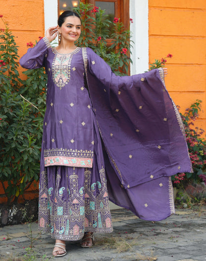 Lehenga Mart Designer Chinon Sharara Suit With Sequence Embroidered Work - Purple