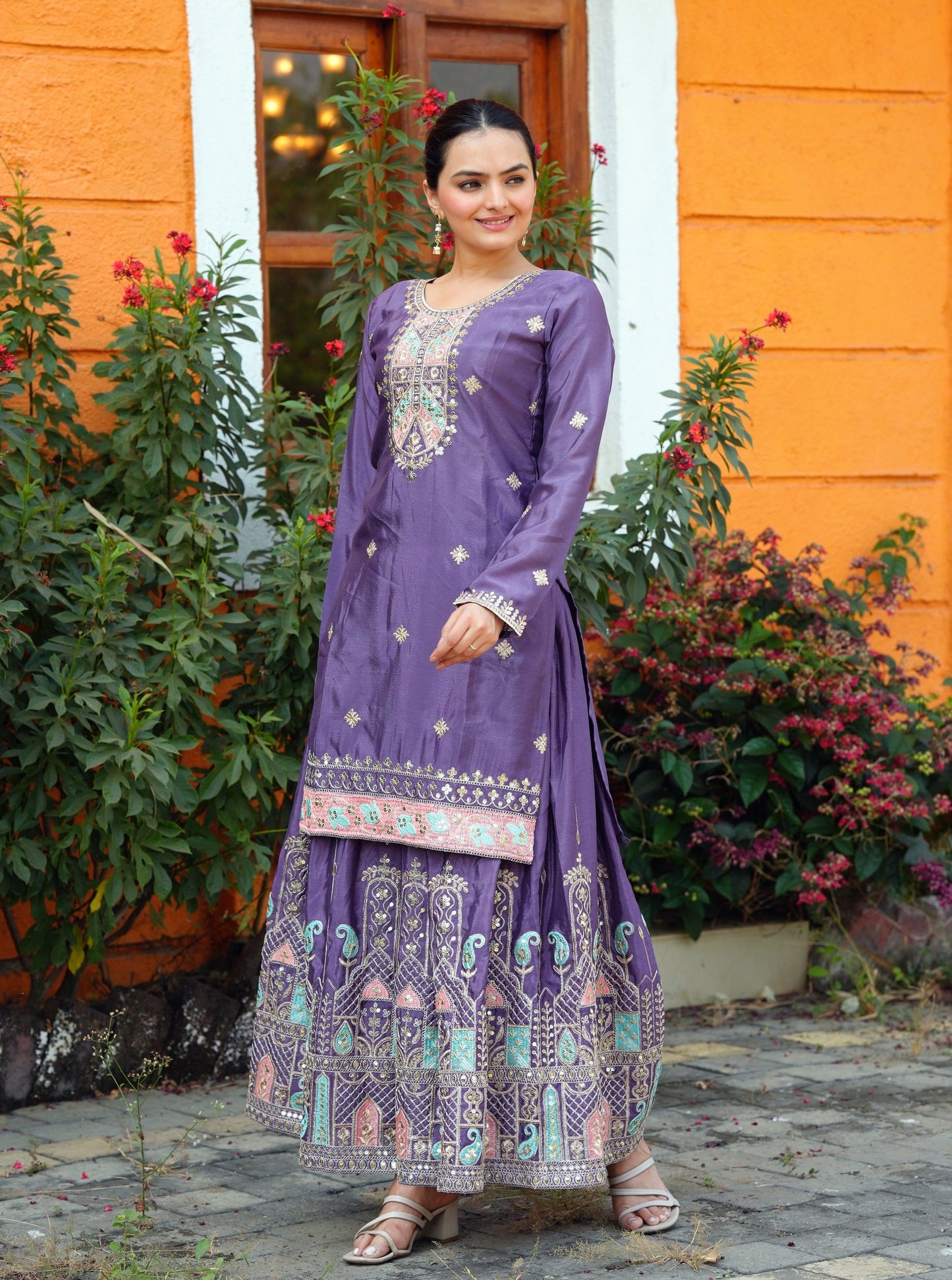 Lehenga Mart Designer Chinon Sharara Suit With Sequence Embroidered Work - Purple