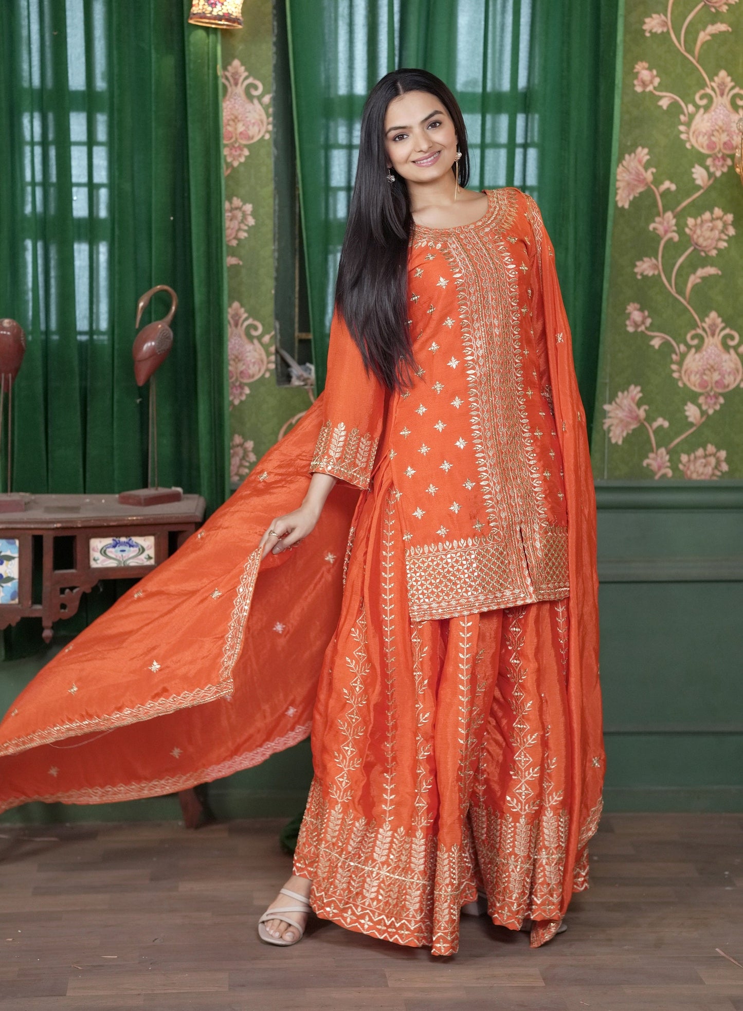 Lehenga Mart Designer Chinon Sharara Suit With Sequence Embroidered Work - Orange