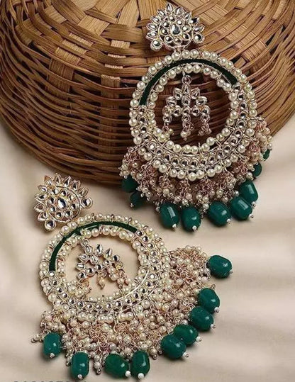 Jewel City Luxury Kundan Pearl Chandbali Earrings with Green Drops Traditional Wedding Statement Earrings