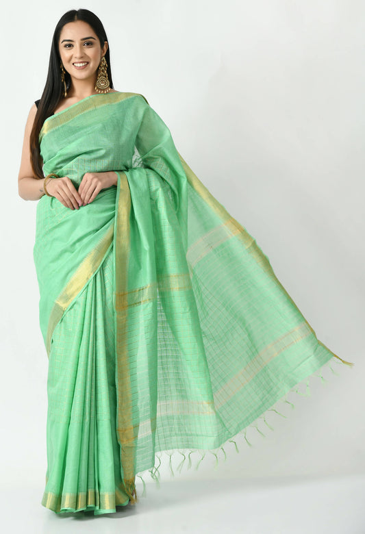 Mominos Fashion Moeza Sea Green Bhagalpuri Handloom Silk Raj Shree Saree with unstitched Blouse piece
