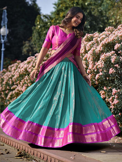 Lorenvalley Skyblue Kanchipuram Zari Weaving Work Lehenga Choli with Dupatta