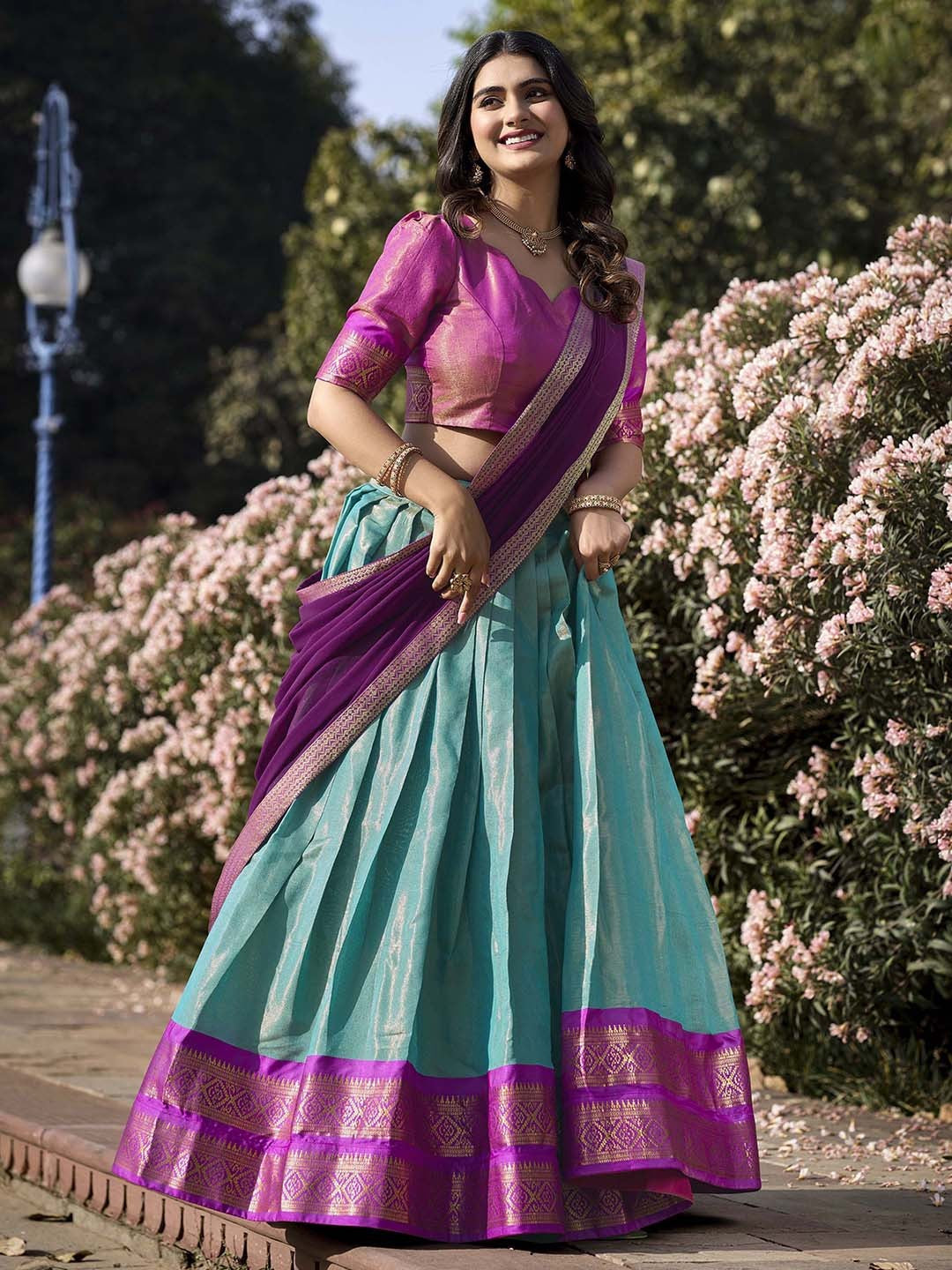 Lorenvalley Skyblue Kanchipuram Zari Weaving Work Lehenga Choli with Dupatta