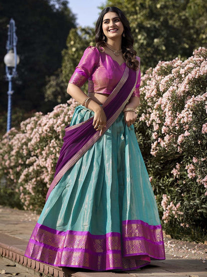 Lorenvalley Skyblue Kanchipuram Zari Weaving Work Lehenga Choli with Dupatta