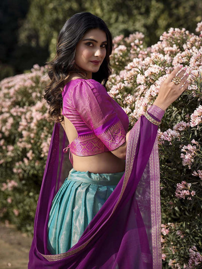 Lorenvalley Skyblue Kanchipuram Zari Weaving Work Lehenga Choli with Dupatta